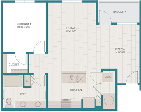 Floor plan for 1 bed, 1 bath, 894 sqft